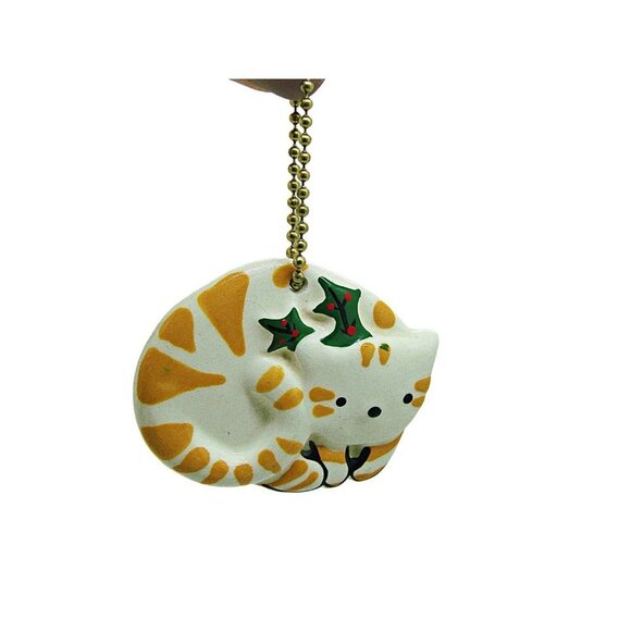 Ceramic Tabby Cat Hanging Christmas Ornament/Keychain Yellow White Green Decor - Picture 3 of 9